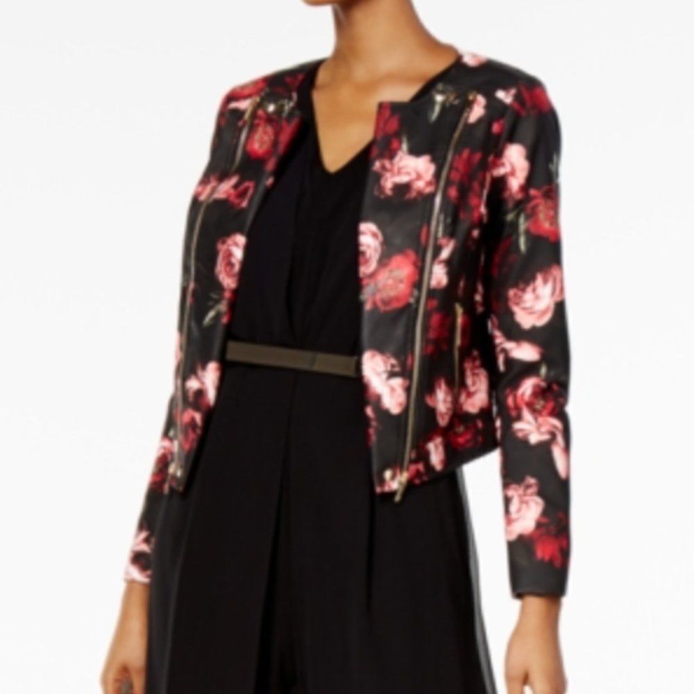 Thalia Sodi faux leather floral Moto jacket